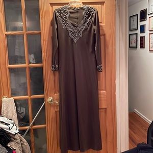 Woman long sleeve fitted Gown with Pearl Beading